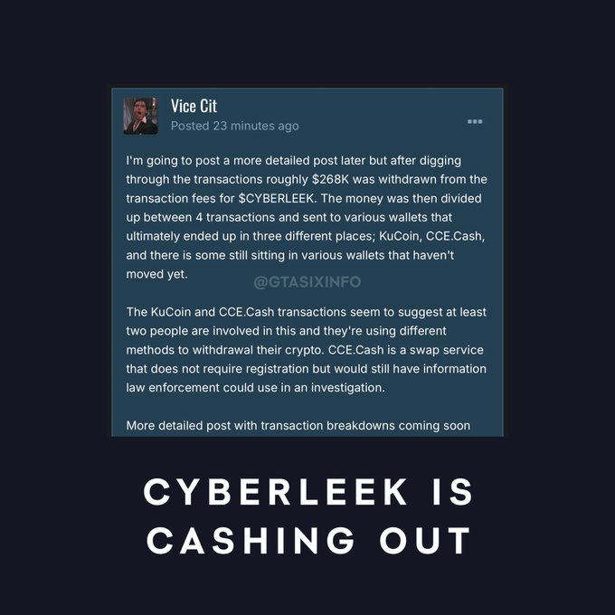 A social media post from "Vice Cit" on @GTASIXINFO reveals that roughly $268K from $CYBERLEEK transaction fees has been withdrawn, split across four transactions into wallets on KuCoin and CCE.Cash, suggesting at least two people are involved. The caption below reads "CYBERLEEK IS CASHING OUT."