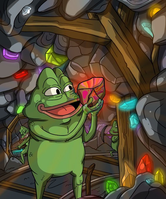 A cheerful green frog holds up a glowing multicolored gem in a crystal-filled mine, while smaller frogs mine in the background, perfectly illustrating the excitement of "discovering gems."