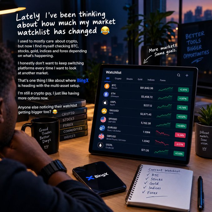 A promotional graphic featuring a person viewing a BingX trading dashboard with text about crypto and multi-asset trading, alongside a notebook with a handwritten watchlist including BTC, Stocks, Gold, Indices, and Forex.
