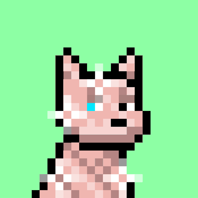 A pixel art image of a pink/salmon-colored dog against a bright green background, representing the Doginal Dog #1717 being sold for 54750 DOGE ($4368 USD) as advertised in the post.