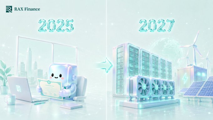 The image shows a comparison between two versions of a computer, with one being a laptop and the other being a server or a server farm. The laptop has a robot character sitting at its desk, while the server has a robot character on top of it. Both characters are holding papers in their hands. The text above the image reads "RWA in 2025: tokenized treasuries are the future." Below this, there is a caption that says "What do you mean you don'n own compute?".