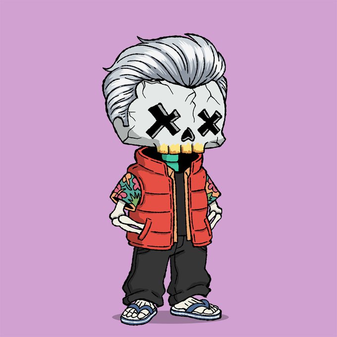 A chibi-style cartoon skeleton with white hair, X-shaped eyes, and gold teeth stands confidently in a red puffer vest, black pants, and sandals, showing off tattooed arms against a pink background—likely a mascot for a "Bon" NFT collection drop on OpenSea.
