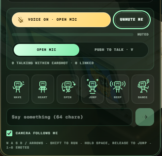 A dark-themed voice chat interface displaying 'VOICE ON - OPEN MIC', 'UNMUTE ME', various emotes (WAVE, HEART, OPEN, JUMP, BEEP, DANCE), and chat instructions like 'CAMERA FOLLOWS ME'.