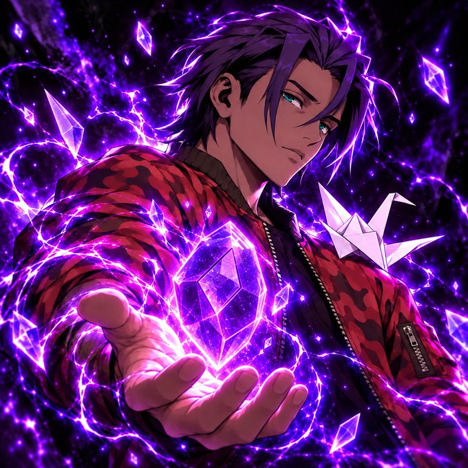 An anime-style illustration of a dark-haired male character in a red camouflage jacket holding glowing purple crystals against a cosmic purple energy background.