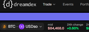 A screenshot of the Dreamex trading platform interface showing BTC-USDSo trading pair with a mid price of $84,468.0 and a 24h change of +0.60%.