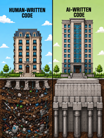 A meme comparing 'Human-Written Code' and 'AI-Written Code' shows two buildings - the human-coded one has a tangled mess of roots and cables underground, while the AI-coded one has clean, structured foundations.