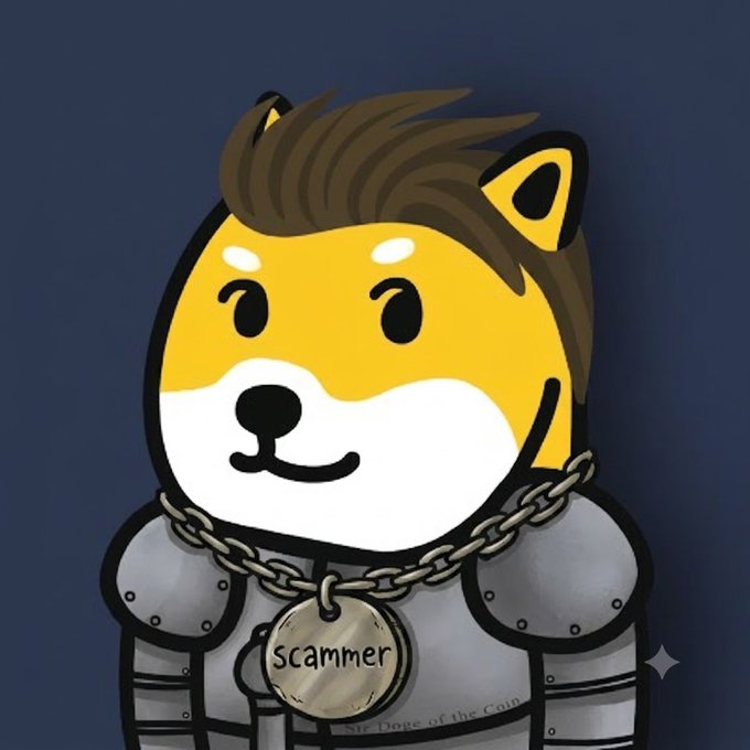 An illustration of a Shiba Inu dog wearing armor and a chain, with a medal labeled "Scammer" hanging around its neck.