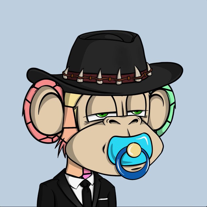 A cartoon illustration of a Bored Ape Yacht Club-style NFT monkey wearing a black cowboy hat with spikes, a suit, and a blue pacifier.