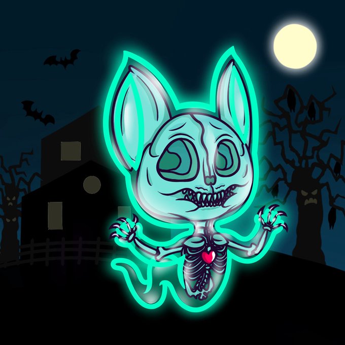 A cute yet creepy ghostly cat skeleton with glowing teal outlines and a heart in its chest floats in a spooky Halloween scene with bats, a full moon, and an eerie haunted house, embodying the sentiment of a beloved "Spookat" pet watching over its owner.