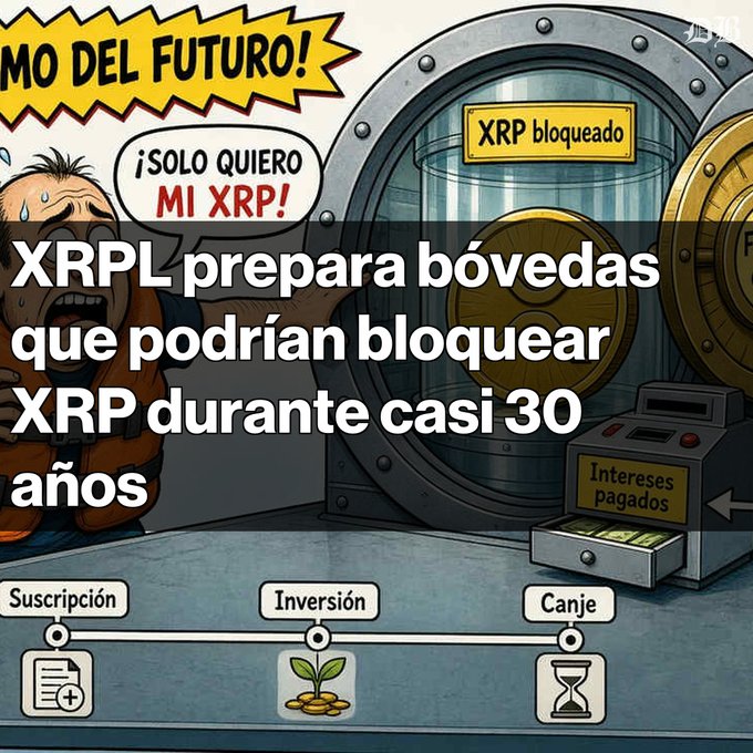 A Spanish-language cartoon about XRP with text reading "XRPL prepara bóvedas que podrían bloquear XRP durante casi 30 años" and "¡SOLO QUIERO MI XRP!".
