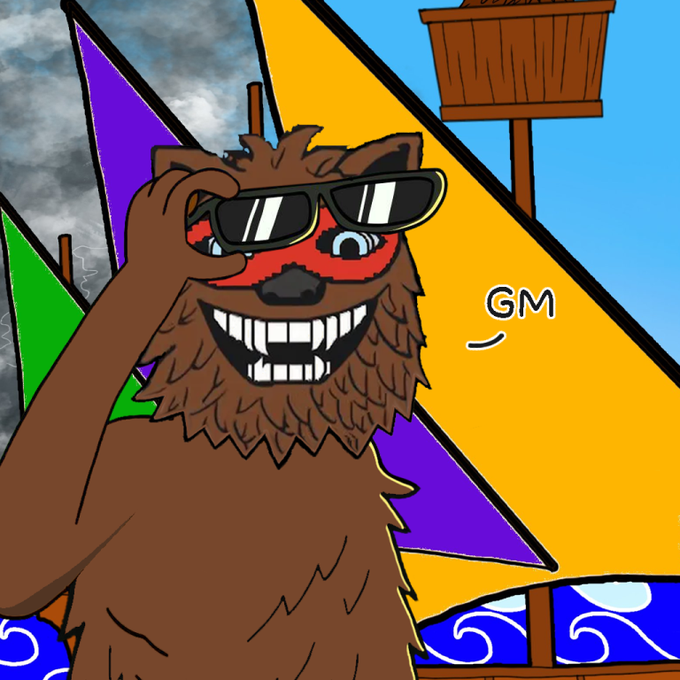 A cartoon illustration depicts a smiling brown furry creature wearing sunglasses, with a red mask painted around its eyes, standing against a colorful background with a "GM" speech bubble.