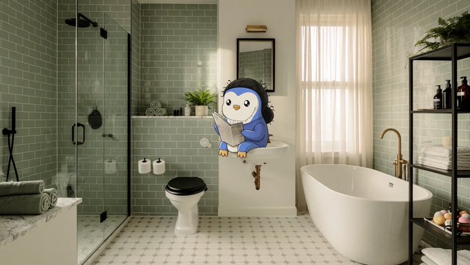 A cartoon penguin wearing a suit sits on a toilet in a green-tiled bathroom, reading a newspaper. This image relates to the post's theme of enduring a lengthy and exhausting experience in the crypto market trenches, with the penguin humorously representing the user's patient, business-like approach to weathering market downturns and airdrop fiascos.