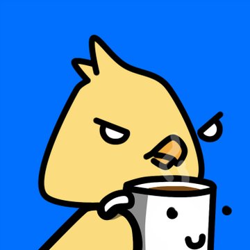 A cartoon illustration of an angry-looking yellow chick holding a coffee cup with a smiling face, with a single sweat drop, set against a blue background.