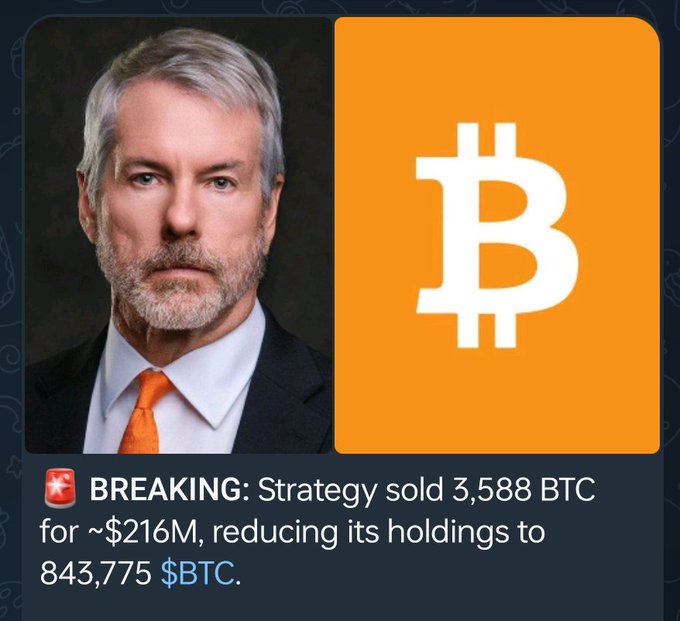 A news card showing a man in a suit with orange tie alongside the Bitcoin logo, with text reading 'BREAKING: Strategy sold 3,588 BTC for ~$216M, reducing its holdings to 843,775 $BTC.'