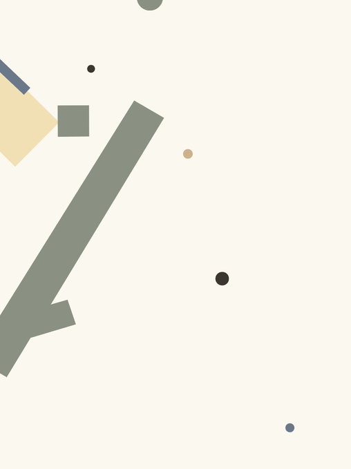 A minimalist abstract composition on a cream background with scattered geometric shapes including a gray angled bar, small circles, a blue rectangle, and a beige triangle.