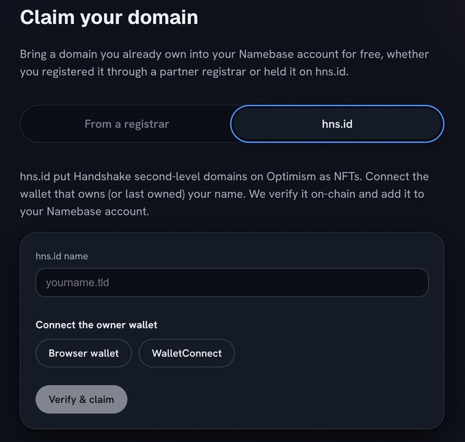 The image displays Namebase's "Claim your domain" interface for hns.id, allowing users to input a domain name and connect an owner wallet (Browser or WalletConnect) to verify and claim domains on the Handshake blockchain, which aligns with the post announcing that hns.id domain claims and TLD migrations are now available through Namebase.