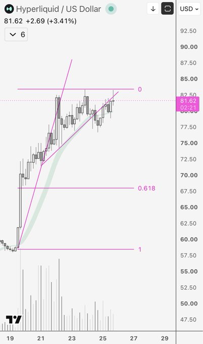 The image shows a TradingView chart for Hyperliquid (HYPE/USD) trading at $81.62, up 3.41%, with Fibonacci retracement levels marked at 0, 0.618, and 1, and an ascending parallel channel (fork) drawn on the price action around the $80-82 range. The chart visually supports the caption by showing the price struggling below the upper boundary of the fork and forming what appears to be a triple top pattern near the 0 Fibonacci level, confirming the post's observation of stalled momentum and resistance.