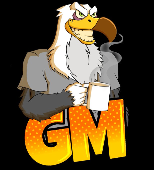 Cartoon mascot logo of an anthropomorphic eagle/bird character holding a coffee mug above orange "GM" lettering on a black background.