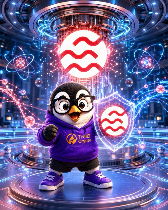 A penguin mascot wearing a "Trail2 Crypto" hoodie and glasses holds a shield bearing the Sei (SEI) logo, surrounded by atomic and quantum-themed visuals on a futuristic platform. The image visually represents Sei Network's quantum-resistant security initiative (SIP-5), aligning with the post's message about preparing crypto wallets for the future threat of quantum computing.