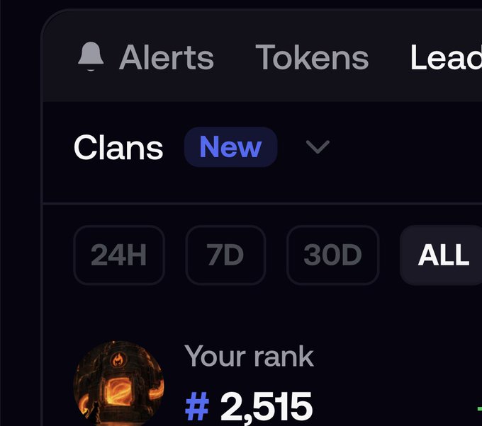 A dark-themed app interface shows a 'Clans' leaderboard tab with the 'New' filter selected, displaying time range options (24H, 7D, 30D, ALL) and a 'Your rank' of #2,515.