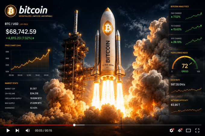 The image shows a rocket launching from a launch pad with Bitcoin symbols on its underside, surrounded by flames. In the background of the image, there are financial indicators such as graphs that relate to Bitcoins. The image also includes text which states "If you don't believe it or don' get it, I don' have the time to try to convince you".