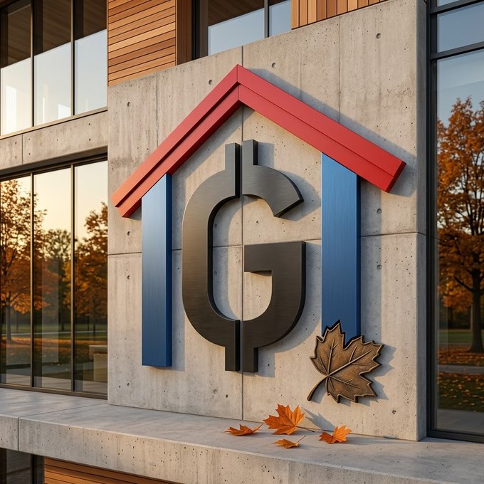 A modern building facade featuring a large decorative emblem shaped like a house with a metallic dollar sign enclosed inside, accompanied by an autumn leaf detail.