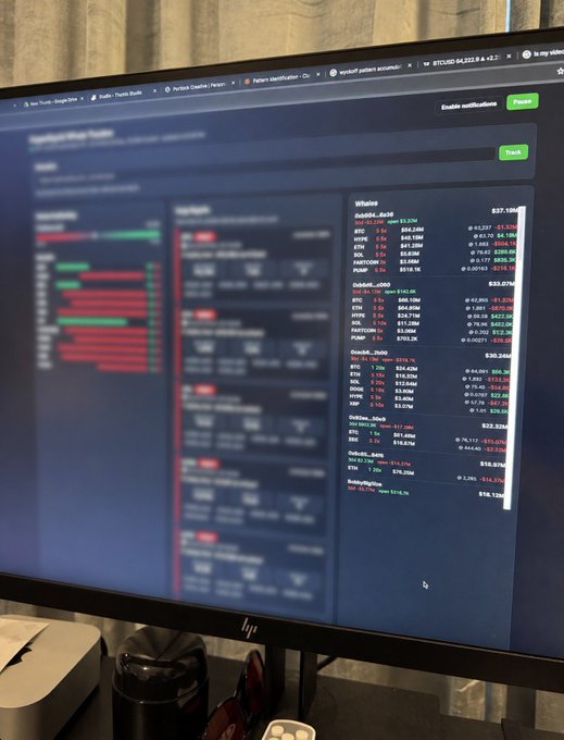 A computer monitor displaying a cryptocurrency tracking interface with 'PayPal pattern' tabs visible, showing various digital assets including BTC, ETH, and DOGE with their prices.