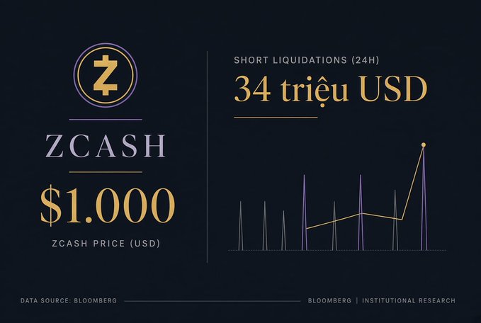 A dark-themed Bloomberg infographic for ZCASH showing a price of $1,000 USD alongside a chart of short liquidations totaling "34 triệu USD" over 24 hours.