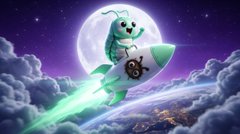 A digital illustration shows a small white bear riding a rocket through the night sky, passing in front of a full moon with city lights visible below.