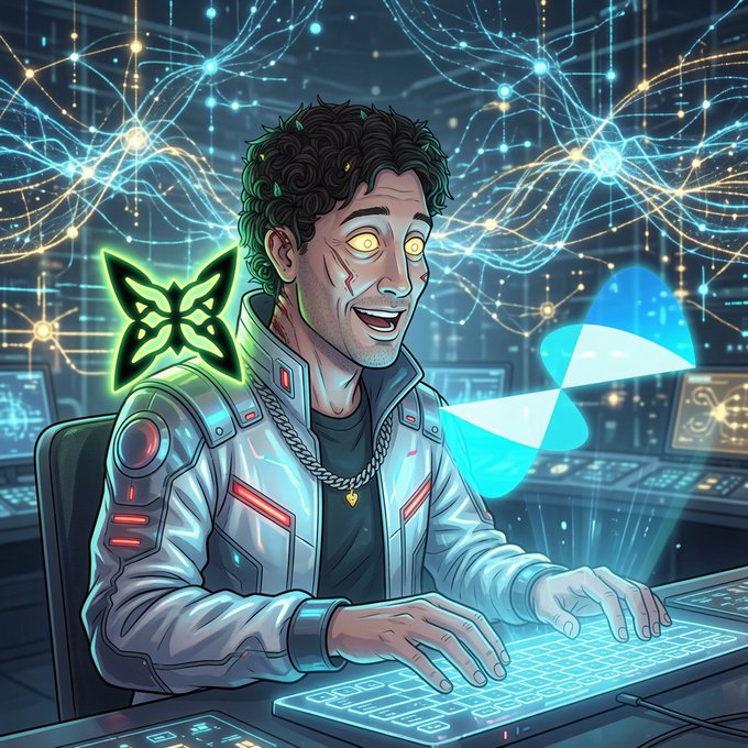Stylized illustration of a man with glowing yellow eyes in a futuristic jacket typing on a glowing keyboard, surrounded by digital butterflies and floating screens.
