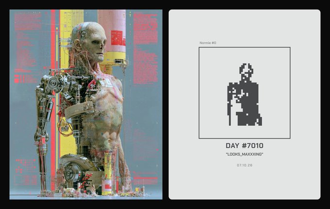 A diptych showing a detailed 3D render of a biomechanical humanoid figure on the left, and a pixel-art skeleton titled 'Nommie #0' with 'DAY #7010' and 'LOOKS_MAXXING' on the right.