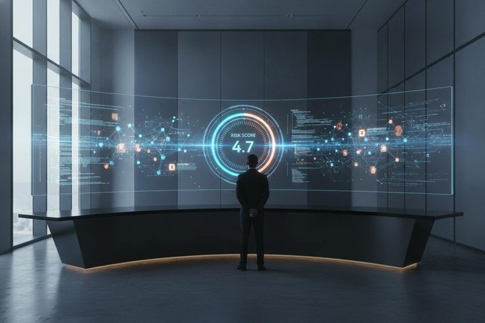 A man in a dark suit stands before a large curved digital display in a sleek, modern room, viewing a holographic interface that shows a "RISK SCORE 4.7" at its center surrounded by glowing data networks and code. The image visualizes the concept of AI agents receiving financial risk assessments, tying directly to Humanos' funding and their work with AgenticsCredit to build live risk-scoring systems for autonomous AI agents.