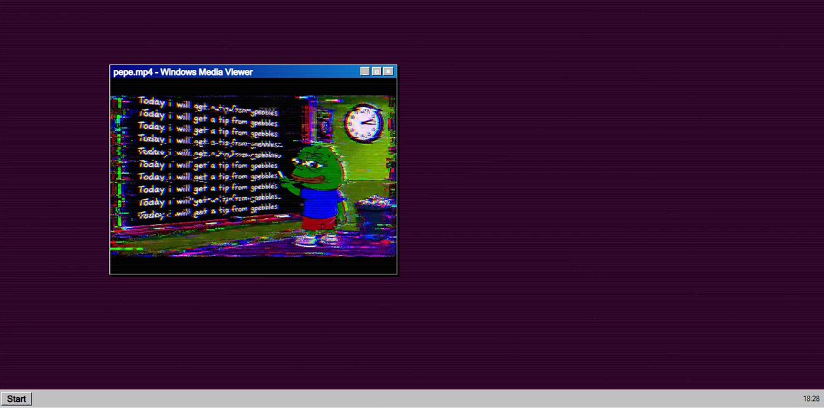 The image shows a computer screen with an old operating system, possibly Windows 98 or XP, displaying a window titled "Windows Media Viewer" along with a cartoon character of a green frog. The background color of the image is purple, which contrasts with the white text on the screen and the cartoon character's green skin. The post appears to be about a game called "Gm Today I will get a tip from gpebbles Interactive HTML art gpebbles.exe".