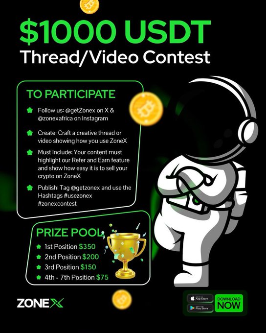 A promotional graphic for the $1000 USDT Thread/Video Contest by ZoneX, featuring an astronaut illustration and detailing participation rules along with a prize pool of $350 for 1st, $200 for 2nd, $150 for 3rd, and $75 for 4th-7th positions. The image relates to the post as it showcases the contest that has now concluded, thanking participants for their creative entries showcasing ZoneX's platform.