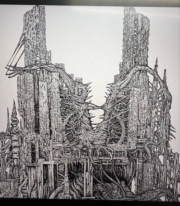 An intricate black ink illustration of a towering, decaying gothic cityscape with spires, tangled vines, and organic, rib-like architecture.