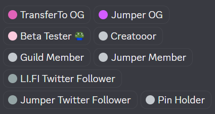 A list of colorful role badges or tags including 'TransferTo OG', 'Jumper OG', 'Beta Tester', 'Creatooor', 'Guild Member', 'Jumper Member', 'LI.FI Twitter Follower', 'Jumper Twitter Follower', and 'Pin Holder'.
