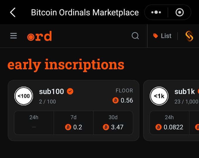 The "Bitcoin Ordinals Marketplace" interface displays "early inscriptions" categories, showing "sub100" (2/100 minted, floor price 0.56 BTC) and "sub1k" (23/1,000 minted) with 24h, 7d, and 30d price statistics.