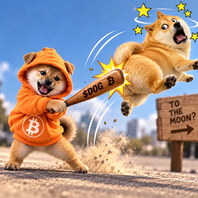 A meme featuring Shiba Inu dogs in cryptocurrency attire, with one in a Bitcoin hoodie swinging a $DOG bat at another dog, with a 'TO THE MOON?' sign in the background.