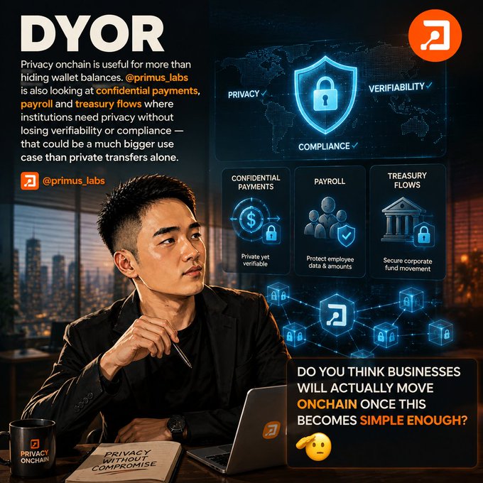 A DYOR educational graphic by 'primus_labs' discussing privacy onchain use cases like confidential payments and payroll, asking viewers 'DO YOU THINK BUSINESSES WILL ACTUALLY MOVE ONCHAIN ONCE THIS BECOMES SIMPLE ENOUGH?'