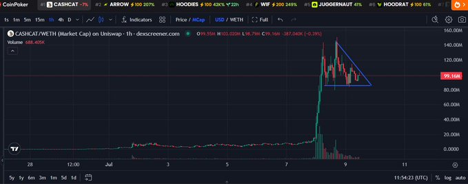 A CoinPoker screener chart showing CASHCAT/WETH on Uniswap with a market cap of $95.35M and a descending triangle pattern forming after a sharp price spike.