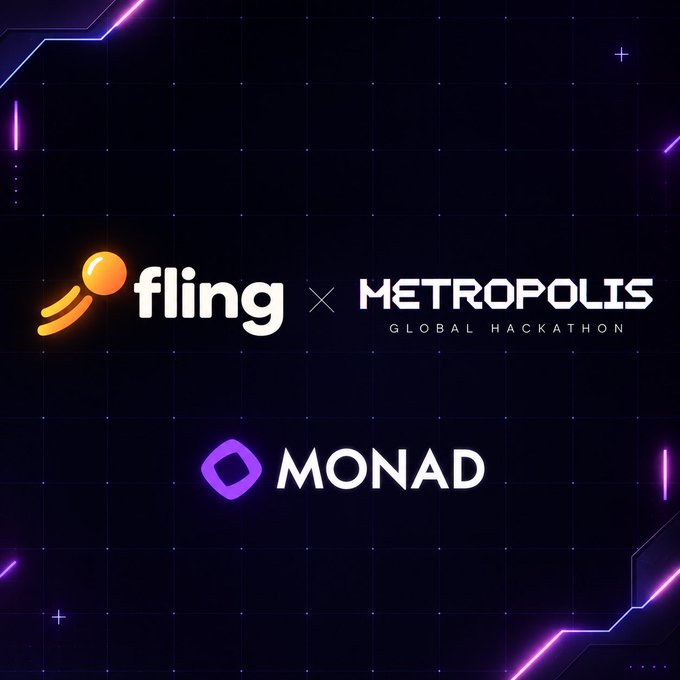 A promotional graphic with a dark grid background announcing a collaboration between 'fling' and 'METROPOLIS GLOBAL HACKATHON', featuring the 'MONAD' logo.