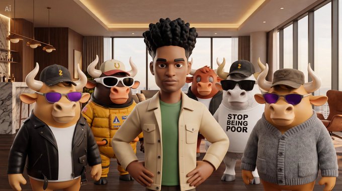 A 3D-rendered young man stands in a modern interior surrounded by anthropomorphic bulls and cows wearing sunglasses, hats, and clothing; one shirt reads 'STOP BEING POOR.'