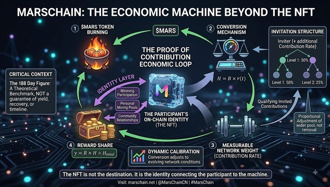 An infographic titled 'MARSCHAIN: THE ECONOMIC MACHINE BEYOND THE NFT' illustrating the 'PROOF OF CONTRIBUTION ECONOMIC LOOP' with components like token burning, conversion mechanism, measurable network weight, and reward share.