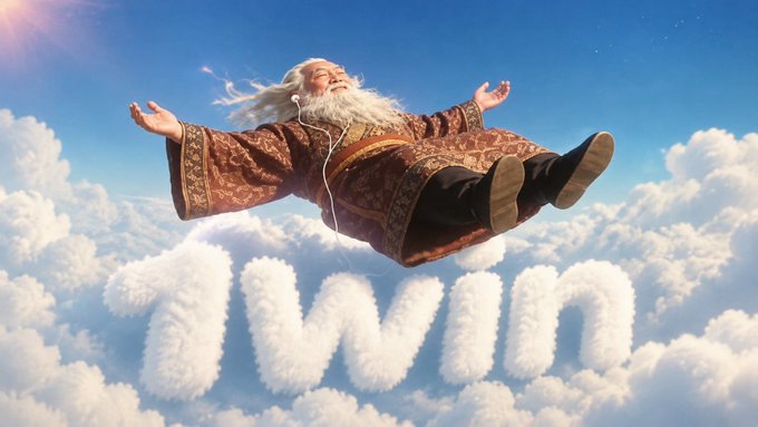 A fantasy-style illustration of an elderly white-bearded figure in a red robe floating with outstretched arms in a cloudy sky, with the word '1W1M' written in clouds below.