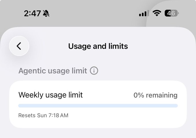 iPhone screenshot showing the 'Usage and limits' screen with 0% remaining on the Weekly usage limit, which resets Sunday at 7:18 AM.