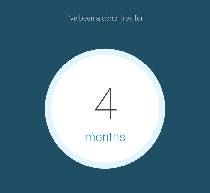 A teal screen displaying the text 'I've been alcohol free for' above a large white circle containing the number '4' and the word 'months'.