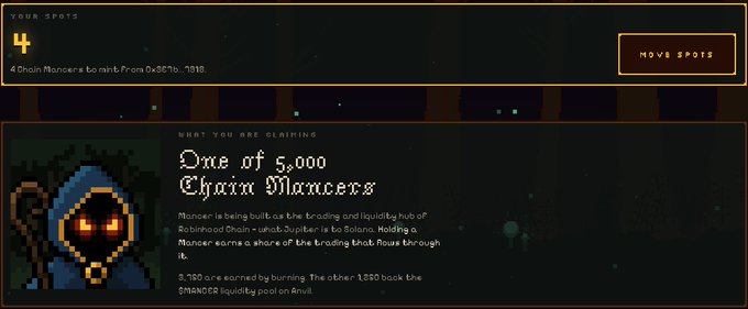 A website banner announcing 'One of 5,000 Chain Mancrs' as part of a Chain Mancers NFT mint on Robinhood Chain, with a pixel art hooded character.