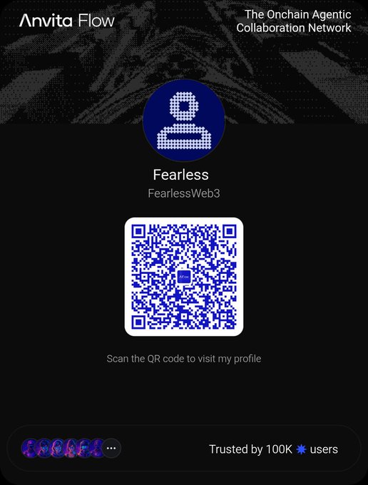 A profile page for 'Anvita Flow' showing a user named 'Fearless' (FearlessWeb3) with a QR code, described as 'The Onchain Agentic Collaboration Network' and 'Trusted by 100K users'.