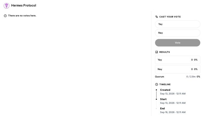 A screenshot of a voting interface for "Hermes Protocol" showing options to cast Yay or Nay votes, with results and a timeline indicating the vote was created on September 13, 2026.