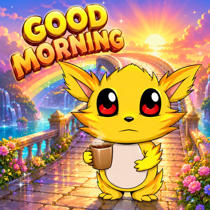 A cheerful yellow cartoon creature holding a coffee mug stands on a path with 'GOOD MORNING' displayed in bold, colorful text above.